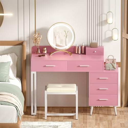 White Vanity Desk with Mirror and Lights, 6 Drawers, Cushioned Stool H69628