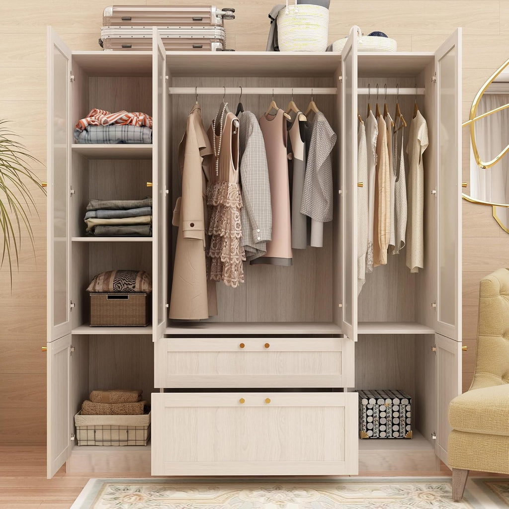 Warm Grey Wooden Armoire Wardrobe Closet with 4 Frosted Glass Doors N7689