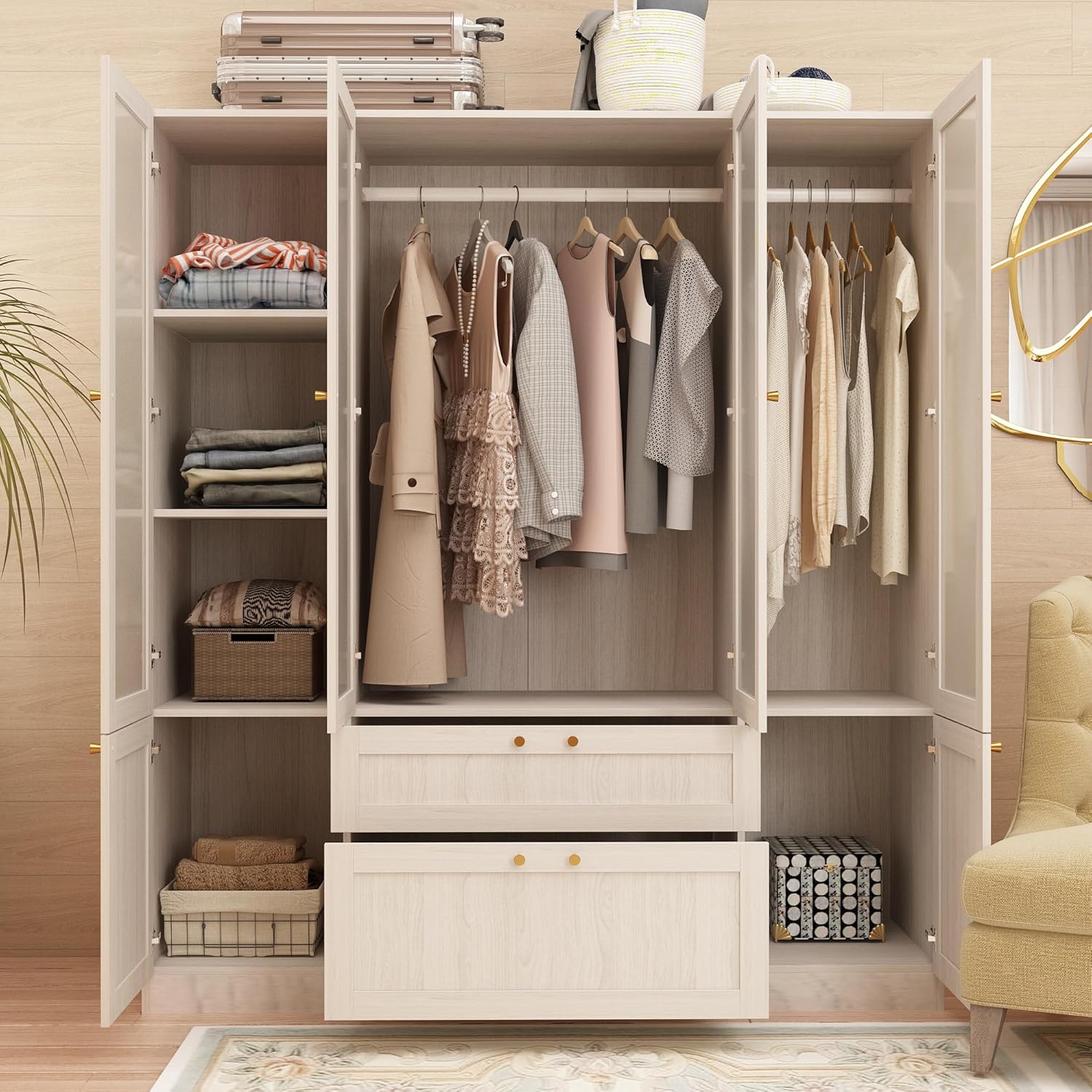 Warm Grey Wooden Armoire Wardrobe Closet with 4 Frosted Glass Doors N7689