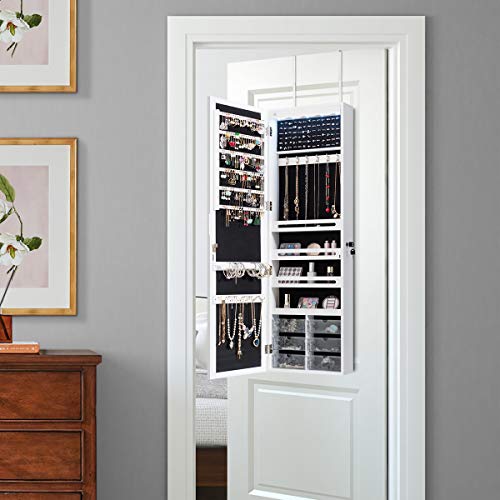 White Wall Mount Lockable Jewelry Cabinet Armoire with Full Length Mirror and 5 Lights U150870