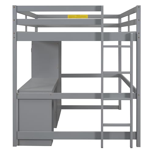 Gray Solid Pine Wood Loft Bed with Wardrobe Desk Storage Drawers V935690
