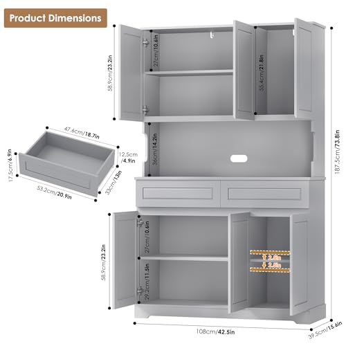 74" Tall Pantry Cabinet with 6 Doors and 2 Drawers, Grey T855