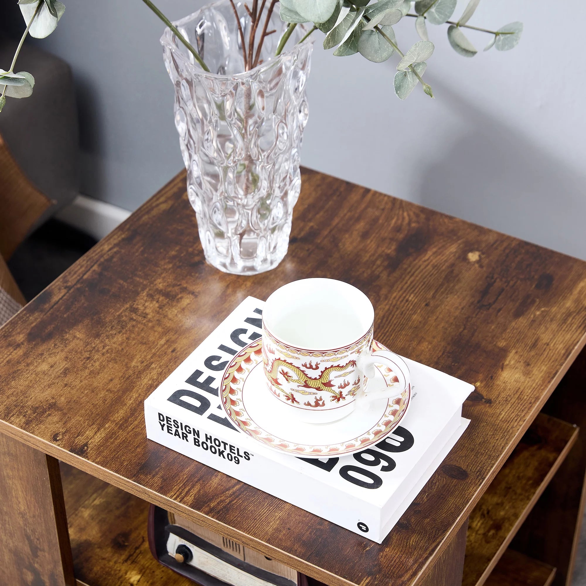 Brown Wood Small End Table with 2 Shelves L67313