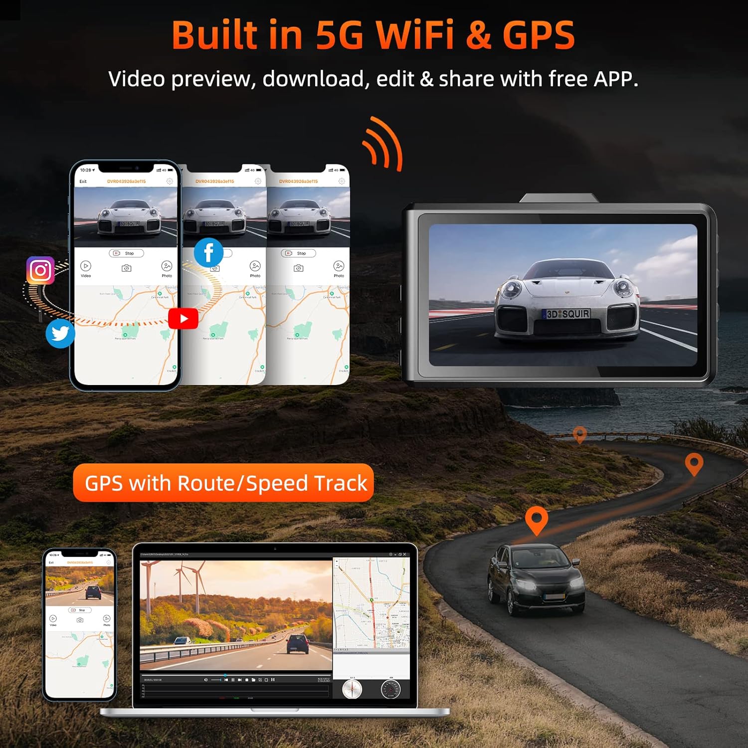 4K+1080P WiFi GPS Dash Camera with 64G SD Card F61631