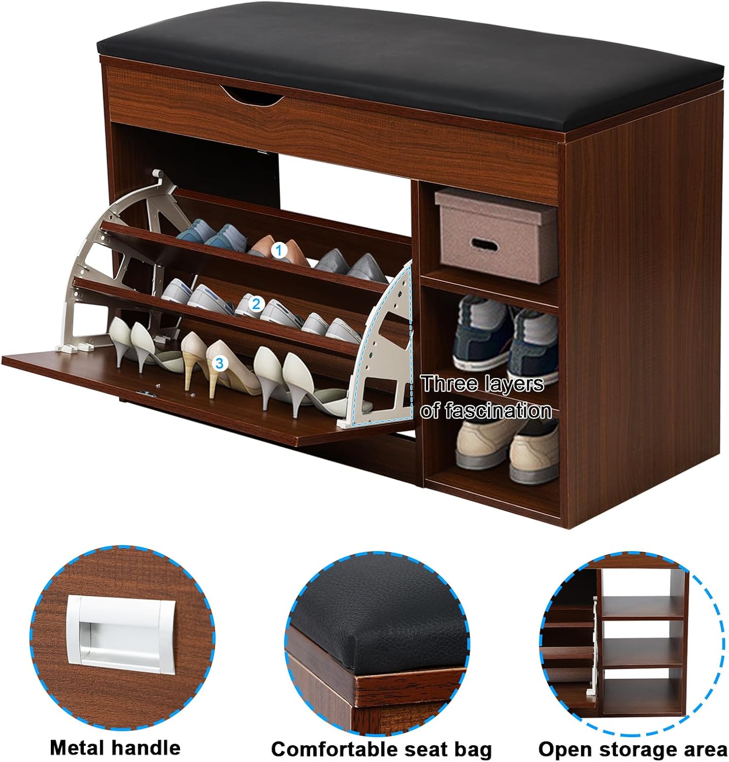 3 Tiers Storage Bench with Padded Seat Cushion Q707816