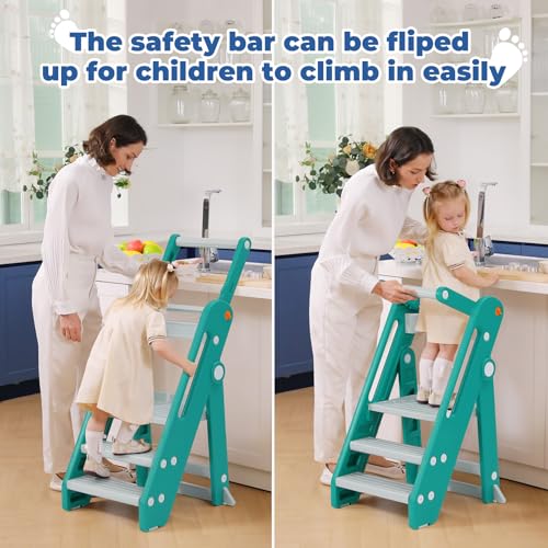 Foldable Adjustable Toddler Kitchen Stool with Handles Non-Slip Blue Grey M586