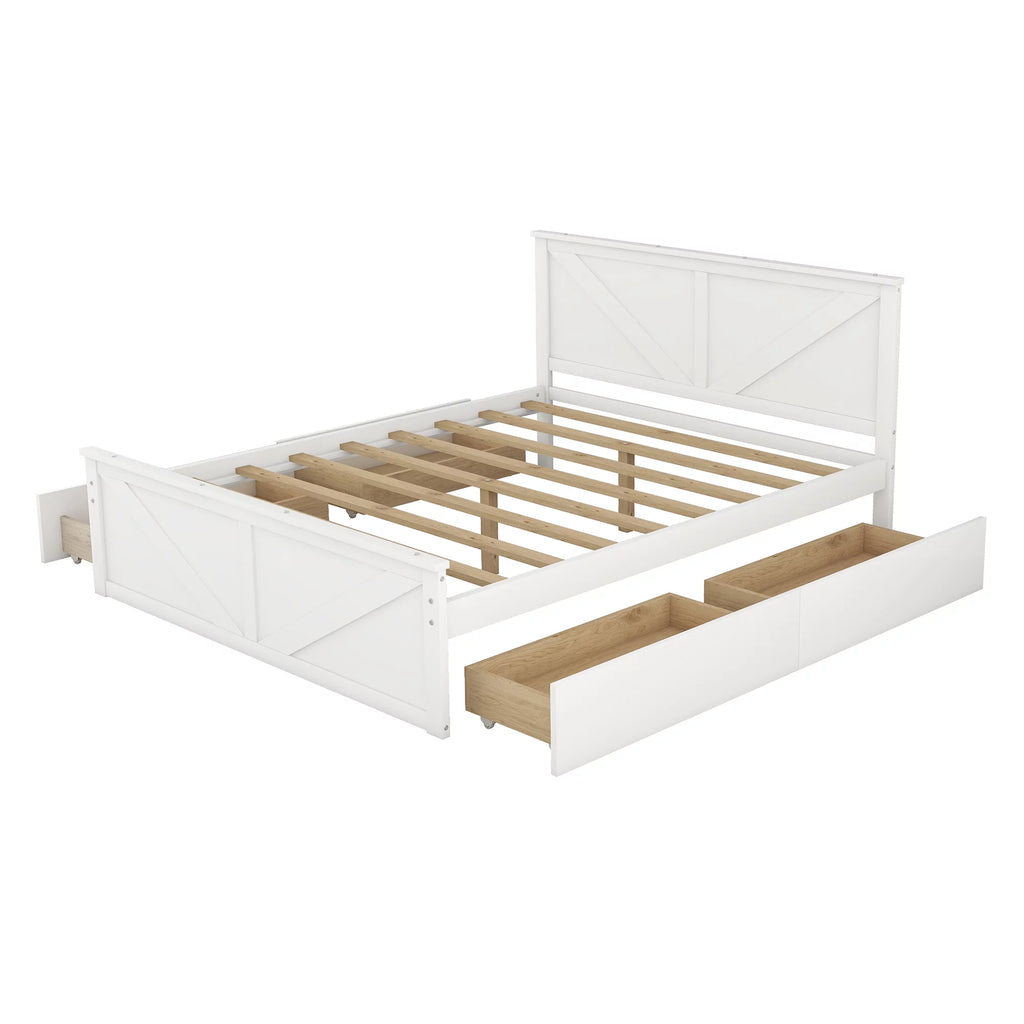 White Queen Platform Bed Frame with 4 Storage Drawers K547
