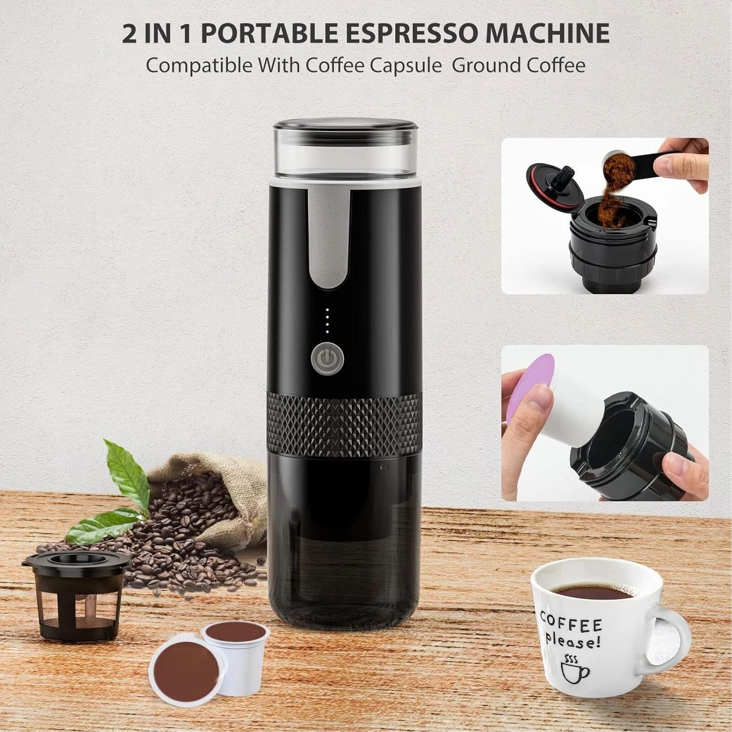 Portable Espresso Machine, Travel Coffee Maker Compatible with K Cup Capsules & Ground Coffee, 1200mah Battery, Handheld Single Serve Coffee Machine R280