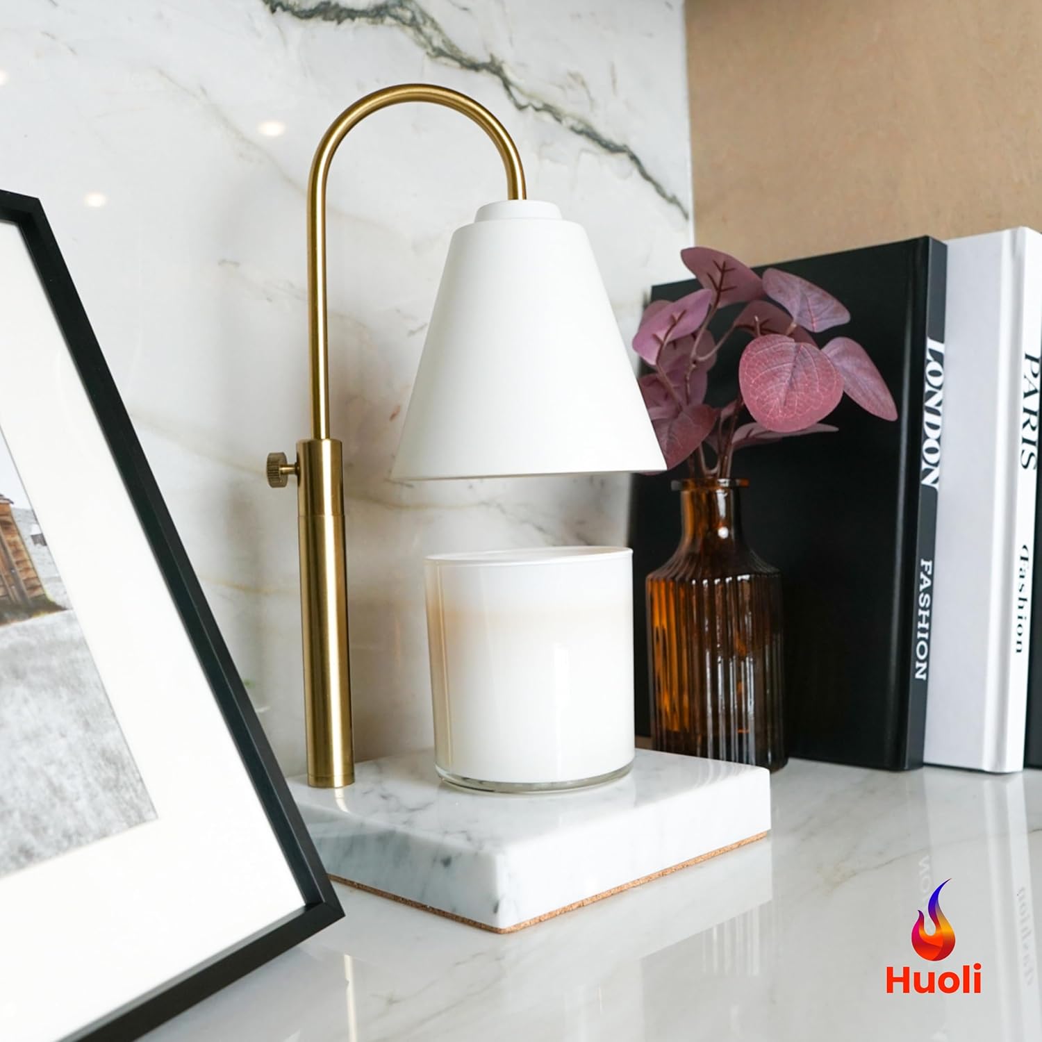 Adjustable Electric Candle Warmer with Dimmer, Marble Base, Gold Frame L6474