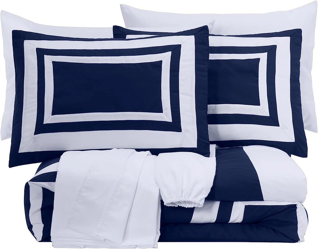 7-Piece King Bed in a Bag Comforter Set with Sheets Navy White Square Pattern Bedding Set O8298