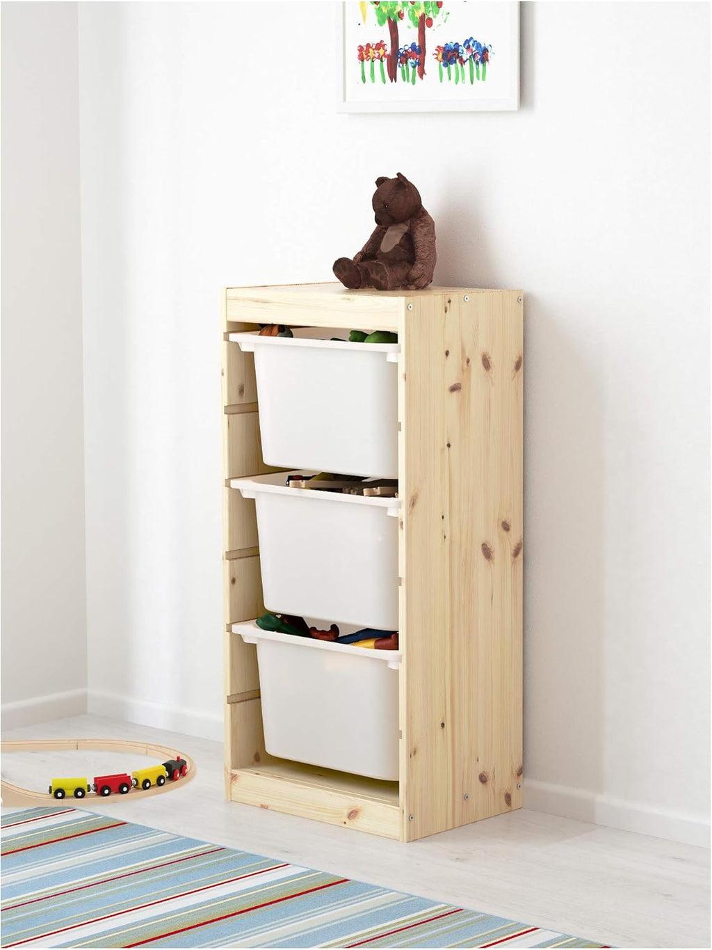Light white stained pine/pink storage combination with boxes, 44x30x91 cm L306